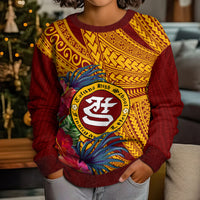 Personalised Tafuna High School Kid Ugly Christmas Sweater American Samoa Schools Polynesian Tropical Flowers - Wonder Print Shop