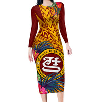 Personalised Tafuna High School Long Sleeve Bodycon Dress American Samoa Schools Polynesian Tropical Flowers - Wonder Print Shop