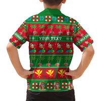 Green and red Hawaiian Christmas button-up back with 'YOUR TEXT' and holiday border