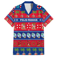 Red Hawaiian shirt with blue collar, festive print and text "FELIS PASGUA"