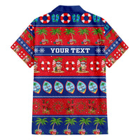 Red Hawaiian shirt with blue collar, festive print and "YOUR TEXT" banner
