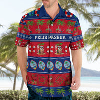 Red Hawaiian shirt with blue collar, "FELIS PASGUA" festive print with palms and Santas