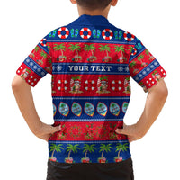 Red Hawaiian shirt back with blue collar, "YOUR TEXT" festive holiday print