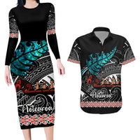 Personalised New Zealand Waka Couples Matching Long Sleeve Bodycon Dress and Hawaiian Shirt Aotearoa Maori Silver Fern Pattern - Wonder Print Shop
