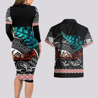 Personalised New Zealand Waka Couples Matching Long Sleeve Bodycon Dress and Hawaiian Shirt Aotearoa Maori Silver Fern Pattern - Wonder Print Shop