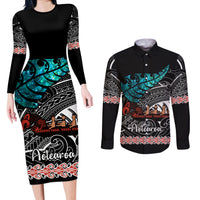Personalised New Zealand Waka Couples Matching Long Sleeve Bodycon Dress and Long Sleeve Button Shirt Aotearoa Maori Silver Fern Pattern - Wonder Print Shop
