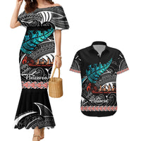 Personalised New Zealand Waka Couples Matching Mermaid Dress and Hawaiian Shirt Aotearoa Maori Silver Fern Pattern - Wonder Print Shop