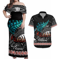 Personalised New Zealand Waka Couples Matching Off Shoulder Maxi Dress and Hawaiian Shirt Aotearoa Maori Silver Fern Pattern - Wonder Print Shop