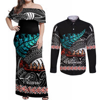 Personalised New Zealand Waka Couples Matching Off Shoulder Maxi Dress and Long Sleeve Button Shirt Aotearoa Maori Silver Fern Pattern - Wonder Print Shop