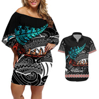 Personalised New Zealand Waka Couples Matching Off Shoulder Short Dress and Hawaiian Shirt Aotearoa Maori Silver Fern Pattern - Wonder Print Shop