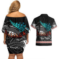 Personalised New Zealand Waka Couples Matching Off Shoulder Short Dress and Hawaiian Shirt Aotearoa Maori Silver Fern Pattern - Wonder Print Shop