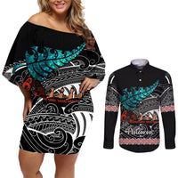 Personalised New Zealand Waka Couples Matching Off Shoulder Short Dress and Long Sleeve Button Shirt Aotearoa Maori Silver Fern Pattern - Wonder Print Shop