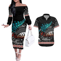 Personalised New Zealand Waka Couples Matching Off The Shoulder Long Sleeve Dress and Hawaiian Shirt Aotearoa Maori Silver Fern Pattern - Wonder Print Shop