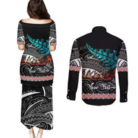 Personalised New Zealand Waka Couples Matching Puletasi Dress and Long Sleeve Button Shirt Aotearoa Maori Silver Fern Pattern - Wonder Print Shop