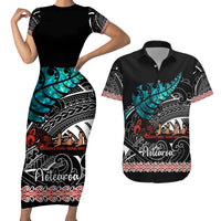 Personalised New Zealand Waka Couples Matching Short Sleeve Bodycon Dress and Hawaiian Shirt Aotearoa Maori Silver Fern Pattern - Wonder Print Shop