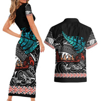 Personalised New Zealand Waka Couples Matching Short Sleeve Bodycon Dress and Hawaiian Shirt Aotearoa Maori Silver Fern Pattern - Wonder Print Shop