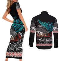 Personalised New Zealand Waka Couples Matching Short Sleeve Bodycon Dress and Long Sleeve Button Shirt Aotearoa Maori Silver Fern Pattern - Wonder Print Shop