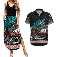 Personalised New Zealand Waka Couples Matching Summer Maxi Dress and Hawaiian Shirt Aotearoa Maori Silver Fern Pattern - Wonder Print Shop