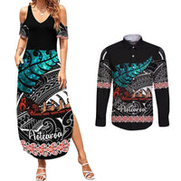 Personalised New Zealand Waka Couples Matching Summer Maxi Dress and Long Sleeve Button Shirt Aotearoa Maori Silver Fern Pattern - Wonder Print Shop