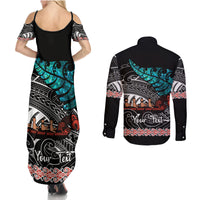 Personalised New Zealand Waka Couples Matching Summer Maxi Dress and Long Sleeve Button Shirt Aotearoa Maori Silver Fern Pattern - Wonder Print Shop