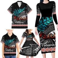Personalised New Zealand Waka Family Matching Long Sleeve Bodycon Dress and Hawaiian Shirt Aotearoa Maori Silver Fern Pattern - Wonder Print Shop