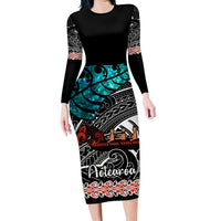 Personalised New Zealand Waka Family Matching Long Sleeve Bodycon Dress and Hawaiian Shirt Aotearoa Maori Silver Fern Pattern - Wonder Print Shop