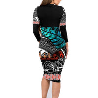 Personalised New Zealand Waka Family Matching Long Sleeve Bodycon Dress and Hawaiian Shirt Aotearoa Maori Silver Fern Pattern - Wonder Print Shop