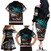 Personalised New Zealand Waka Family Matching Off Shoulder Long Sleeve Dress and Hawaiian Shirt Aotearoa Maori Silver Fern Pattern - Wonder Print Shop
