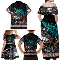 Personalised New Zealand Waka Family Matching Off Shoulder Maxi Dress and Hawaiian Shirt Aotearoa Maori Silver Fern Pattern - Wonder Print Shop