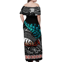 Personalised New Zealand Waka Family Matching Off Shoulder Maxi Dress and Hawaiian Shirt Aotearoa Maori Silver Fern Pattern - Wonder Print Shop