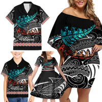 Personalised New Zealand Waka Family Matching Off Shoulder Short Dress and Hawaiian Shirt Aotearoa Maori Silver Fern Pattern - Wonder Print Shop