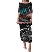 Personalised New Zealand Waka Family Matching Puletasi Dress and Hawaiian Shirt Aotearoa Maori Silver Fern Pattern - Wonder Print Shop