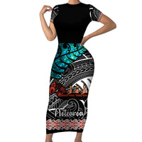 Personalised New Zealand Waka Family Matching Short Sleeve Bodycon Dress and Hawaiian Shirt Aotearoa Maori Silver Fern Pattern - Wonder Print Shop