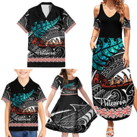 Personalised New Zealand Waka Family Matching Summer Maxi Dress and Hawaiian Shirt Aotearoa Maori Silver Fern Pattern - Wonder Print Shop