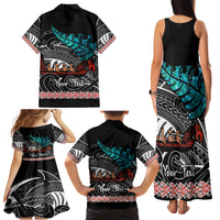 Personalised New Zealand Waka Family Matching Tank Maxi Dress and Hawaiian Shirt Aotearoa Maori Silver Fern Pattern - Wonder Print Shop