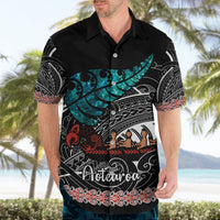 Black Hawaiian shirt with blue canoe design, red tribal border, and Aotearoa text front