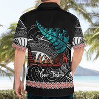 Black Hawaiian shirt with back blue canoe print, red border, and Your Text
