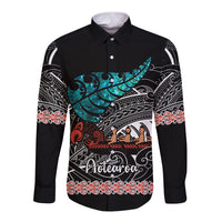Personalised New Zealand Waka Long Sleeve Button Shirt Aotearoa Maori Silver Fern Pattern - Wonder Print Shop