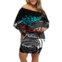 Personalised New Zealand Waka Off Shoulder Short Dress Aotearoa Maori Silver Fern Pattern - Wonder Print Shop