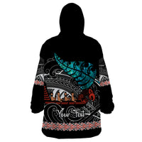 Personalised New Zealand Waka Wearable Blanket Hoodie Aotearoa Maori Silver Fern Pattern - Wonder Print Shop