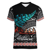Personalised New Zealand Waka Women V Neck T Shirt Aotearoa Maori Silver Fern Pattern - Wonder Print Shop
