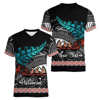 Personalised New Zealand Waka Women V Neck T Shirt Aotearoa Maori Silver Fern Pattern - Wonder Print Shop