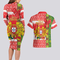 Portugal Christmas Couples Matching Long Sleeve Bodycon Dress and Hawaiian Shirt Barcelos Rooster Mix Azulejo Pattern - Feliz Natal - Wonder Print Shop