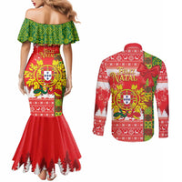 Portugal Christmas Couples Matching Mermaid Dress and Long Sleeve Button Shirt Barcelos Rooster Mix Azulejo Pattern - Feliz Natal