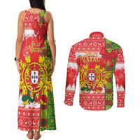 Portugal Christmas Couples Matching Tank Maxi Dress and Long Sleeve Button Shirt Barcelos Rooster Mix Azulejo Pattern - Feliz Natal - Wonder Print Shop