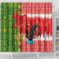 Portugal Christmas Shower Curtain Barcelos Rooster Mix Azulejo Pattern - Feliz Natal