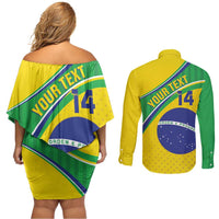 Custom Brazil Football Couples Matching Off Shoulder Short Dress and Long Sleeve Button Shirt Vamos Canarinho