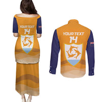 Custom Anguilla Football Couples Matching Puletasi and Long Sleeve Button Shirt Dolphins Coat Of Arms Style