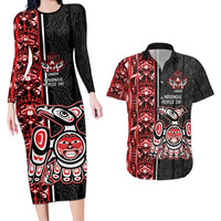 Canada Indigenous Peoples' Day Couples Matching Long Sleeve Bodycon Dress and Hawaiian Shirt Canadian Raven Haida Pattern