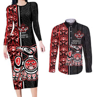 Canada Indigenous Peoples' Day Couples Matching Long Sleeve Bodycon Dress and Long Sleeve Button Shirt Canadian Raven Haida Pattern
